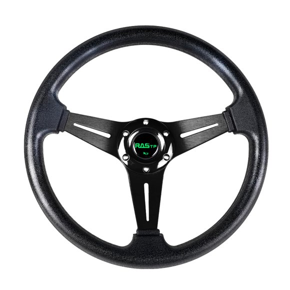 RASTP Universal Racing Steering Wheel 13.8�/350mm 6 Bolts Grip Vinyl Leather & Aluminum with Horn Button for Car -Black