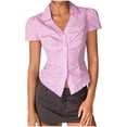 thumbnail image 3 of Ichuanyi Women's V-neck Striped Plaid Button Shirt Short Sleeve Casual Loose Versatile Blouse Tops, 3 of 6