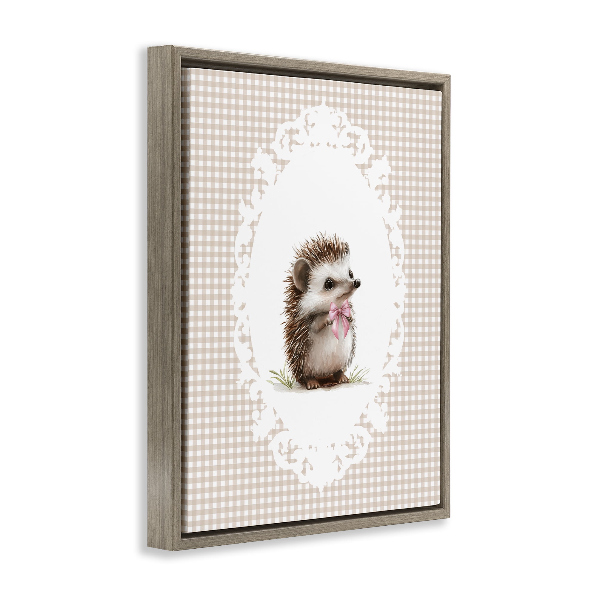 Stupell Industries Vintage Bow Hedgehog on Gingham Brown Framed Floater Canvas Wall Art, design by Christine Simpson Art