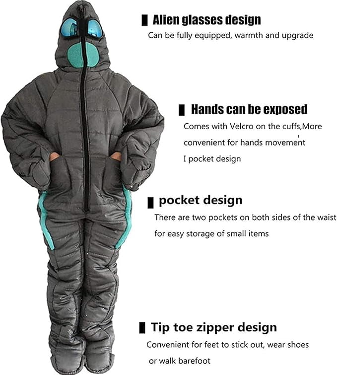 Wearable Creative Alien Mummy Sleeping Bag for Adults, Walking Standing Sleep Suit with Zipper, 3-Season Full Body Warmth for Camping, Hiking, Festivals & Hospital Companion