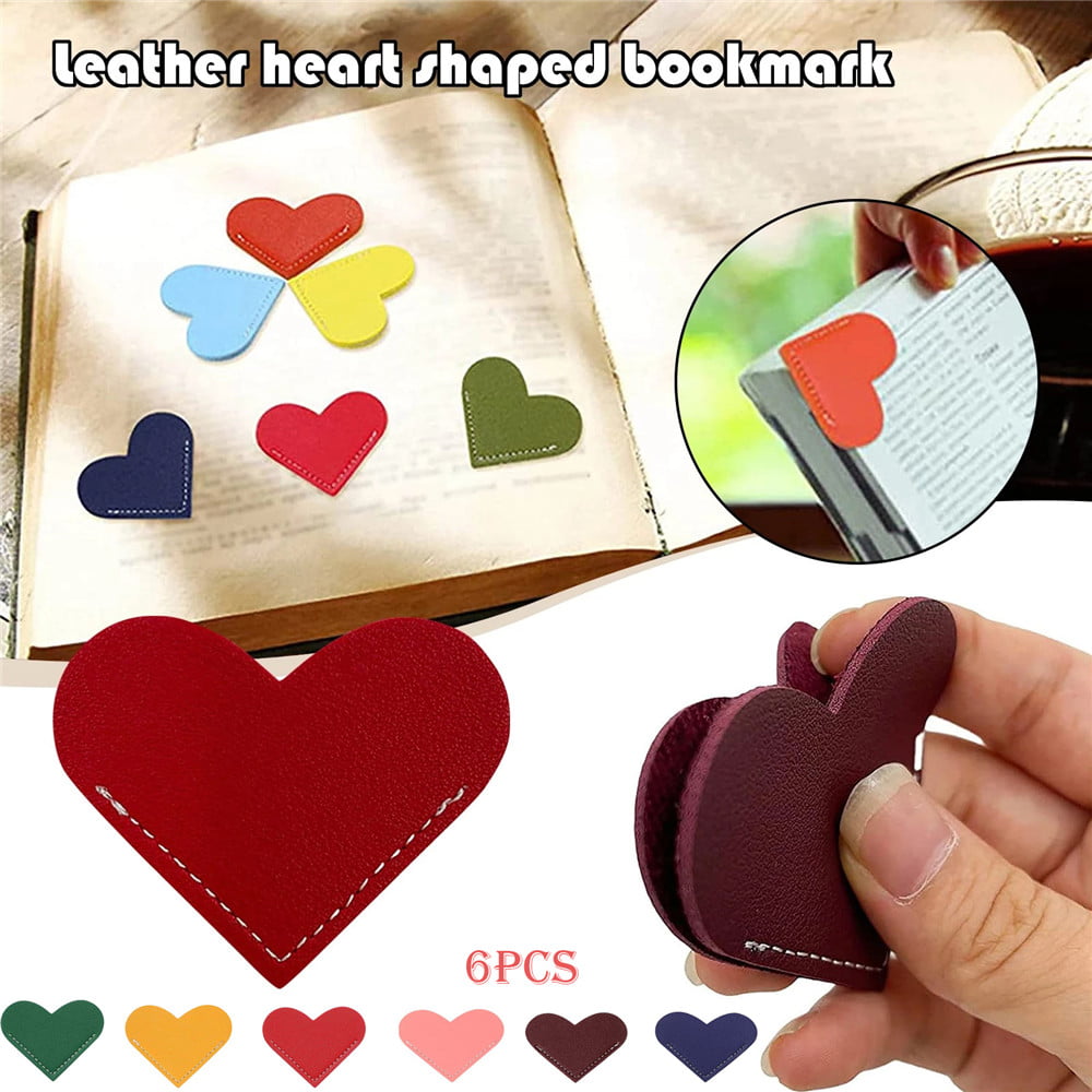 Elegant Color 6 Pieces Leather Heart Bookmark Corner Bookmark Heart Page Bookmark Leather Reading Book Marker Cute Accessories for Women Bookworm Present Book Lovers 