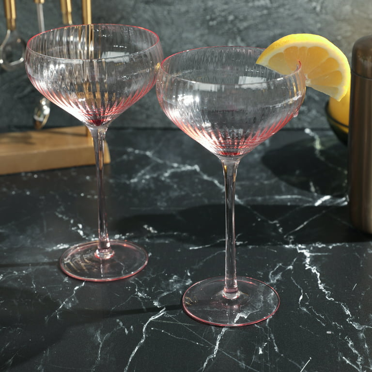 Sister.Ly Drinkware, Pink Ribbed Coupe Cocktail Glasses, Set of 2