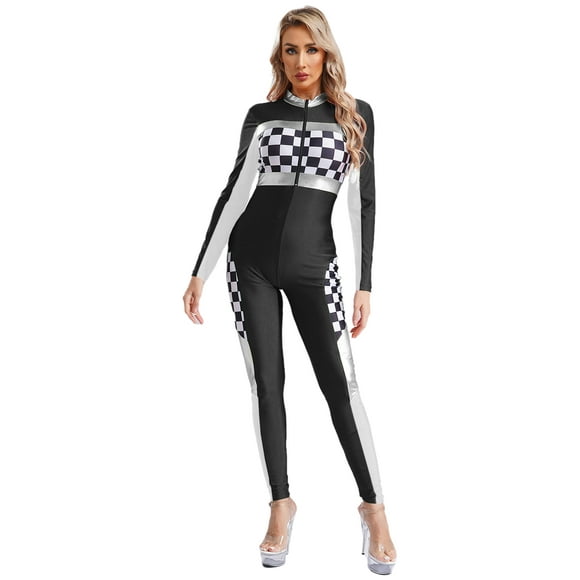 iiniim Women Race Car Driver Jumpsuits Halloween Cosplay Costume Long Sleeve Long Pants Checkerboard Rompers Black M