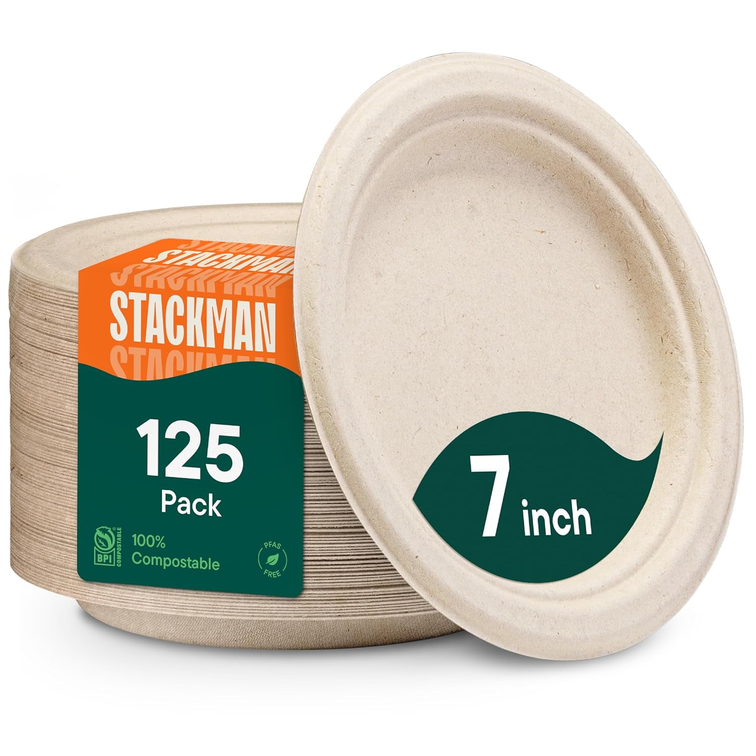 Stack Man Paper Plates, 100% Compostable Heavy Duty, Disposable 7 Inch, Small Dessert Plate - [125-Pack] Eco-Friendly, Biodegradable Bagasse Natural Brown 7" Small Plates