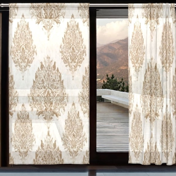 BZSMCE Window Curtain Panels Set Of 2 In Cream Gold Ornate Printed