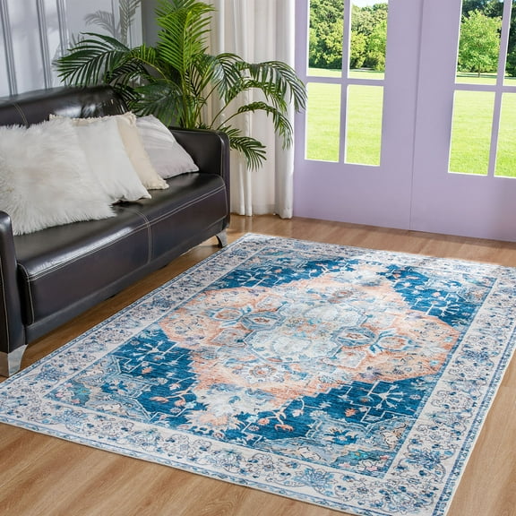 Astorug Washable Vintage Area Rug - 4x6ft Living Room Bedroom Kids Rug - Light Blue