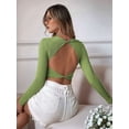 thumbnail image 6 of Women'S Backless Long Sleeve Ribbed Knit Crop Top Slim Fit Crew Neck Twist Back Cut Out Fitted Shirt Green L, 6 of 8