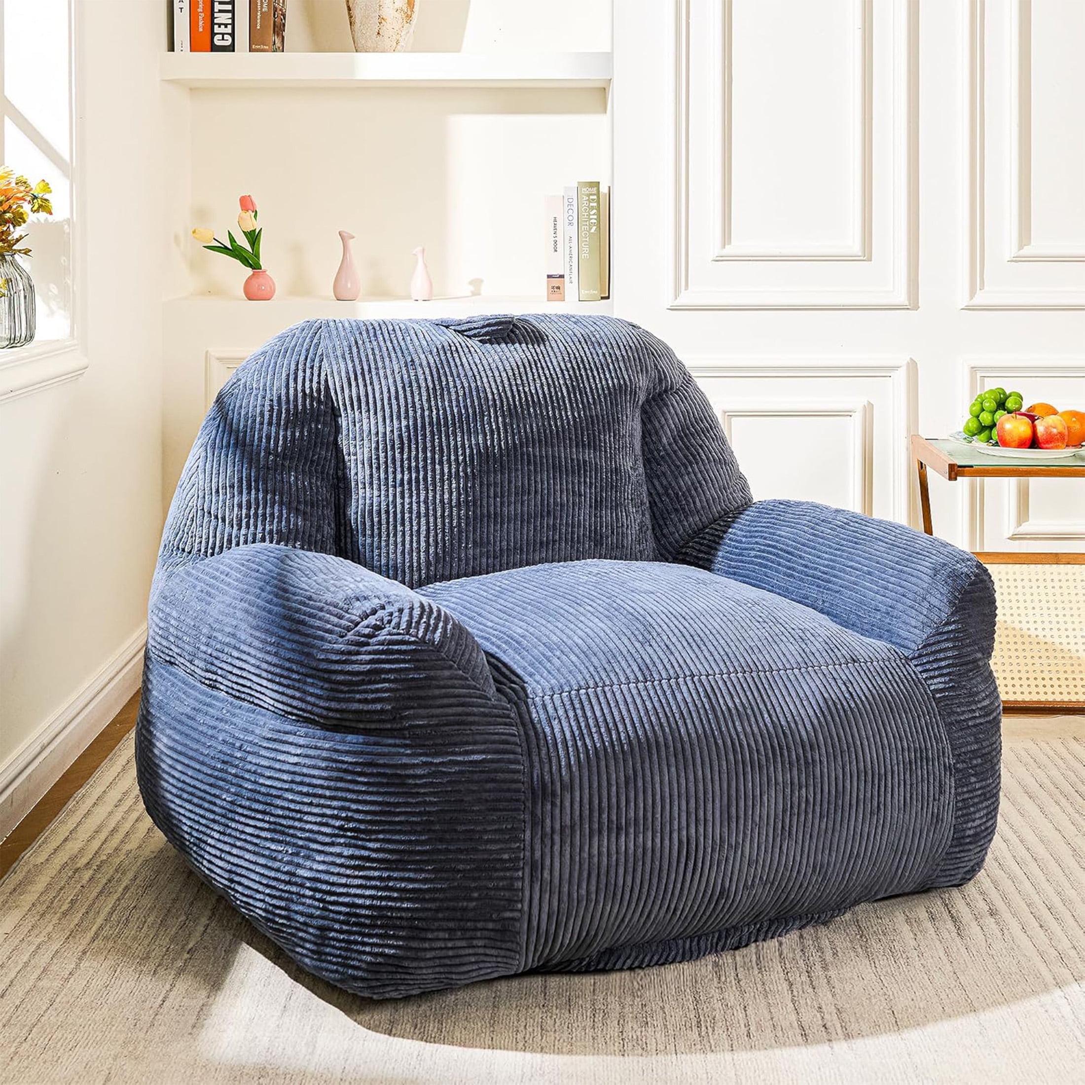 LinkRomat 46" Giant Bean Bag Chair Sofa for Adults, Faux Fur Fluffy Sofa with High-Density Memory Foam, Grey Comfy Bean Bag Couch for Lounging, Reading