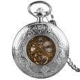 thumbnail image 2 of Skeletonized Petal Roman Handmade Mechanical Pocket Watch with Chain for Gift, 2 of 8