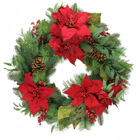 Allstate 26" Unlit Poinsettia Berry and Pine Cone Artificial Christmas Wreath