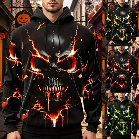 IWRICH Halloween Skull Hoodies for Men Plus Size Winter Holiday Hooded Sweatshirts Oversize Novelty Printed Pullover Tops Yellow XL