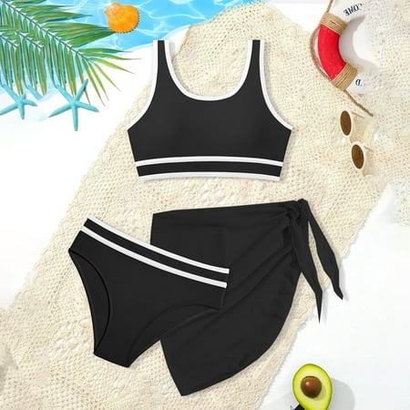 WEAIXIMIUNG Valentine s Day Girls Swimsuit Double Strap High Waist Sporty Bikini Swimsuits Swim Cover Up Skirt 3 Piece Set 12Y