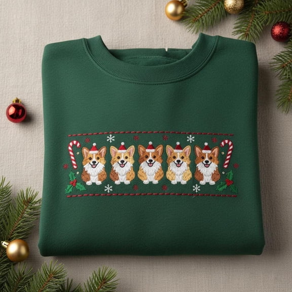 Corgi Dog Christmas Border embroidered sweatshirt, Cute Dog Santa Hat Crewneck, Festive Holiday Sweater, Dog Lover Xmas Gift