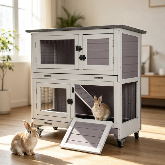 Aivituvin Rabbit Hutch Indoor Outdoor, 2-Story Rabbit Cage for Guinea Pigs with 2 Leakproof Trays & 4 Wheels