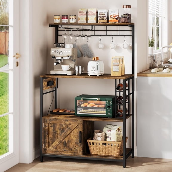 Vividwood Bakers Rack with Power Outlet, 31.5 Inches Coffee Bar for Kitchen with Storage, Kitchen Shelves with Cabinet