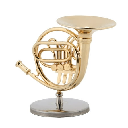 4in Miniature Golden French Horn Replica with Stand Instrument Model Ornaments Christmas Gifts