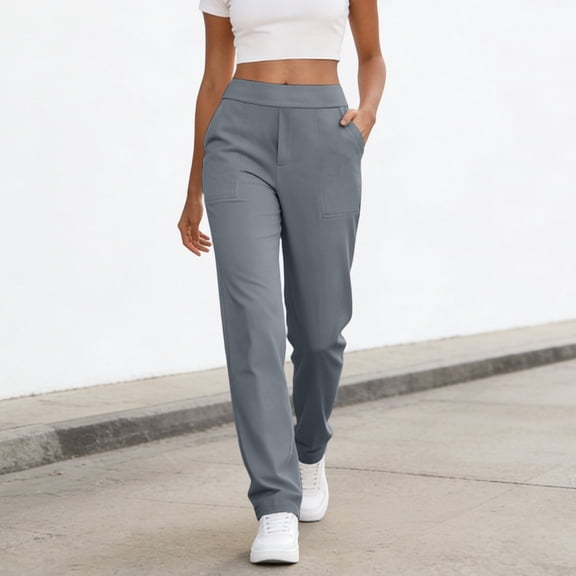 Oiangi Womens Yoga Pants Elastic High Waist Pants Casual Work Straight Leg Toursers with Pockets Gray