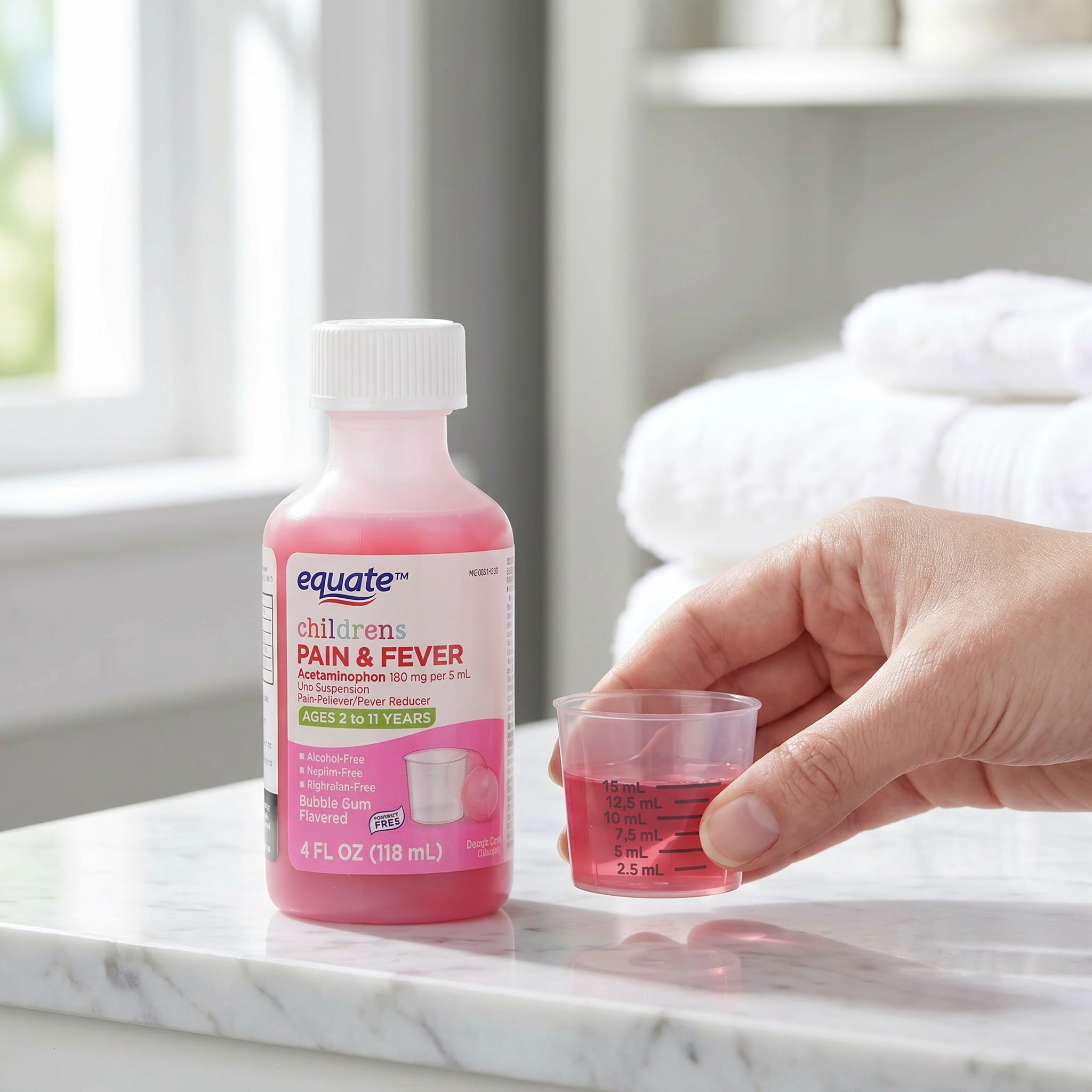 Equate Children's Pain Reliever/Fever Reducer Acetaminophen Oral Suspension, Bubble Gum Flavor, 160 mg, 4 fl oz
