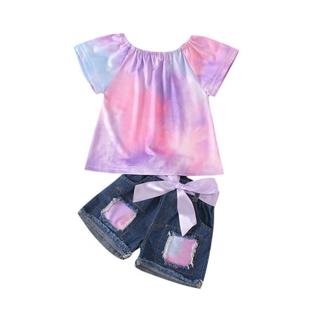 

Up to 30% off! Kukoosong Summer Baby Girl Clothes Tie-Dye T Shirt Tops Bow Denim Shorts Outfits Set Purple 90