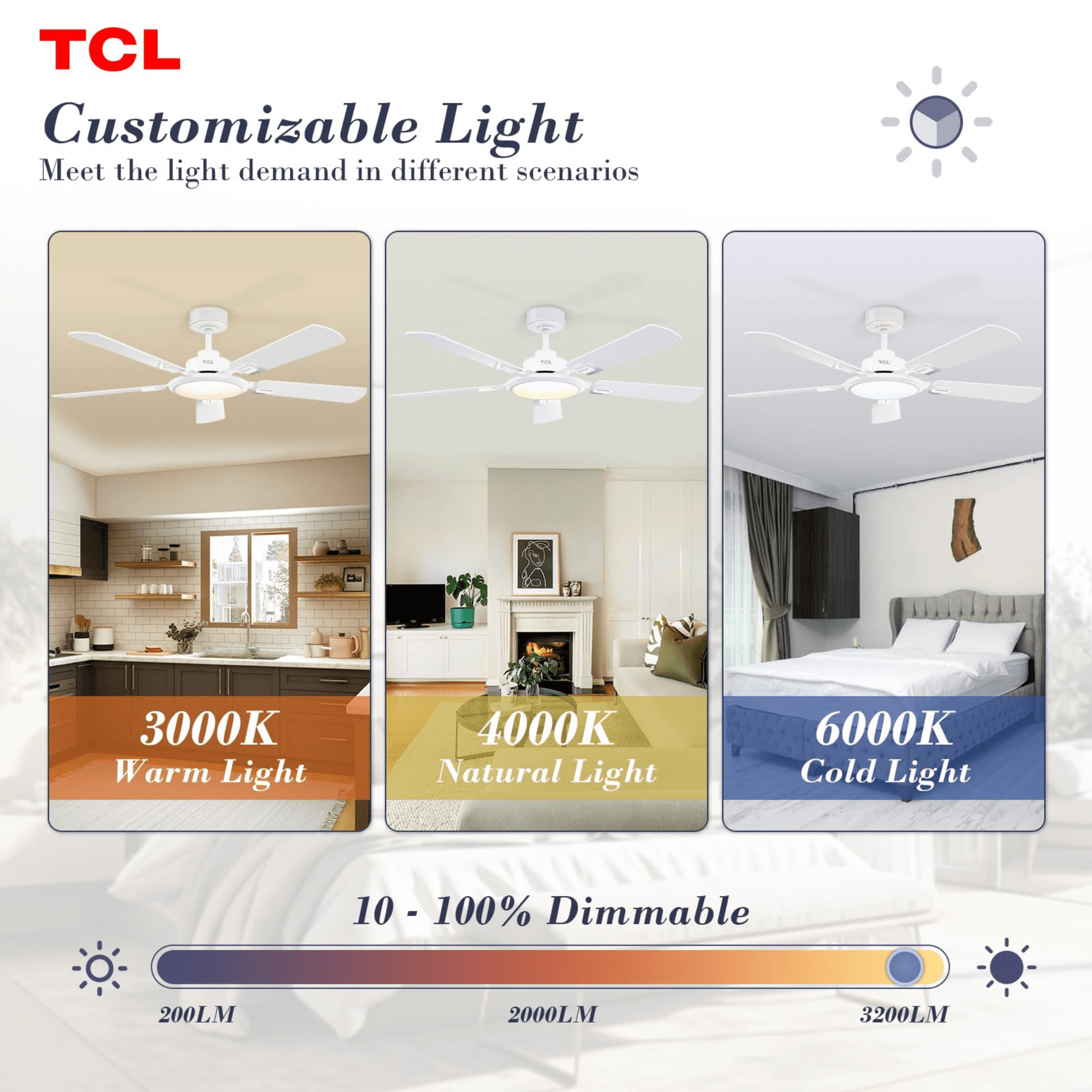 TCL Ceiling Fans with Lights, 52 Inch Ceiling Fan with Light and Remote Control, Reversible DC Motor, Noiseless, Dimmable 36W LED, Modern Ceiling Fan for Bedroom Living Room