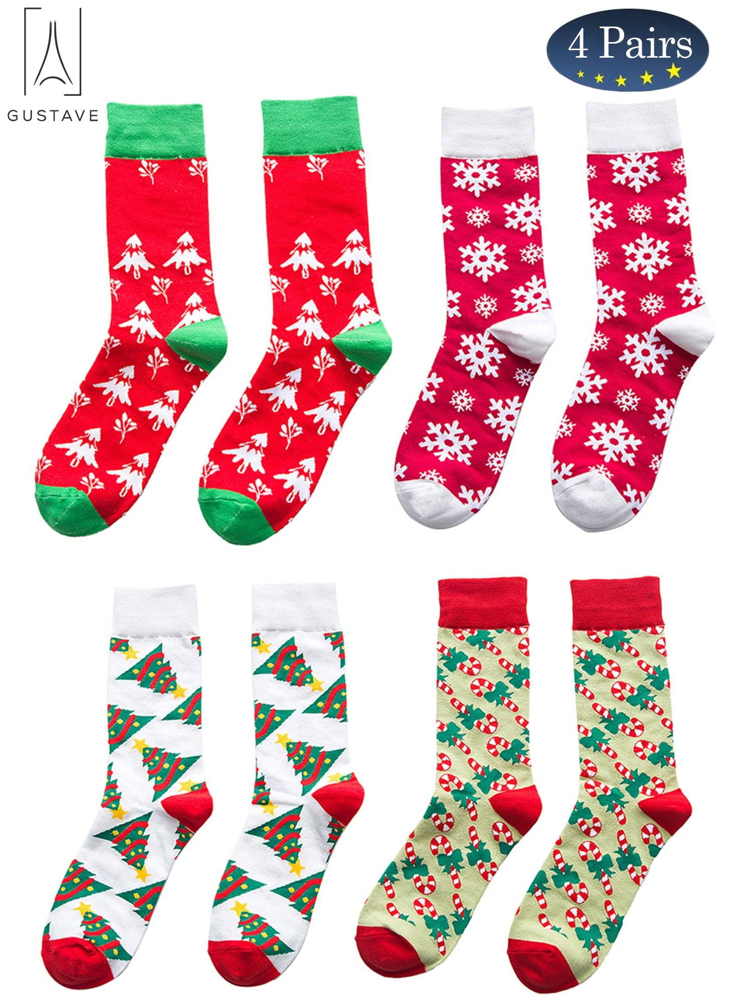 GustaveDesign Set of 4 Pairs Christmas Holiday Socks, Fabric Crew Socks ...