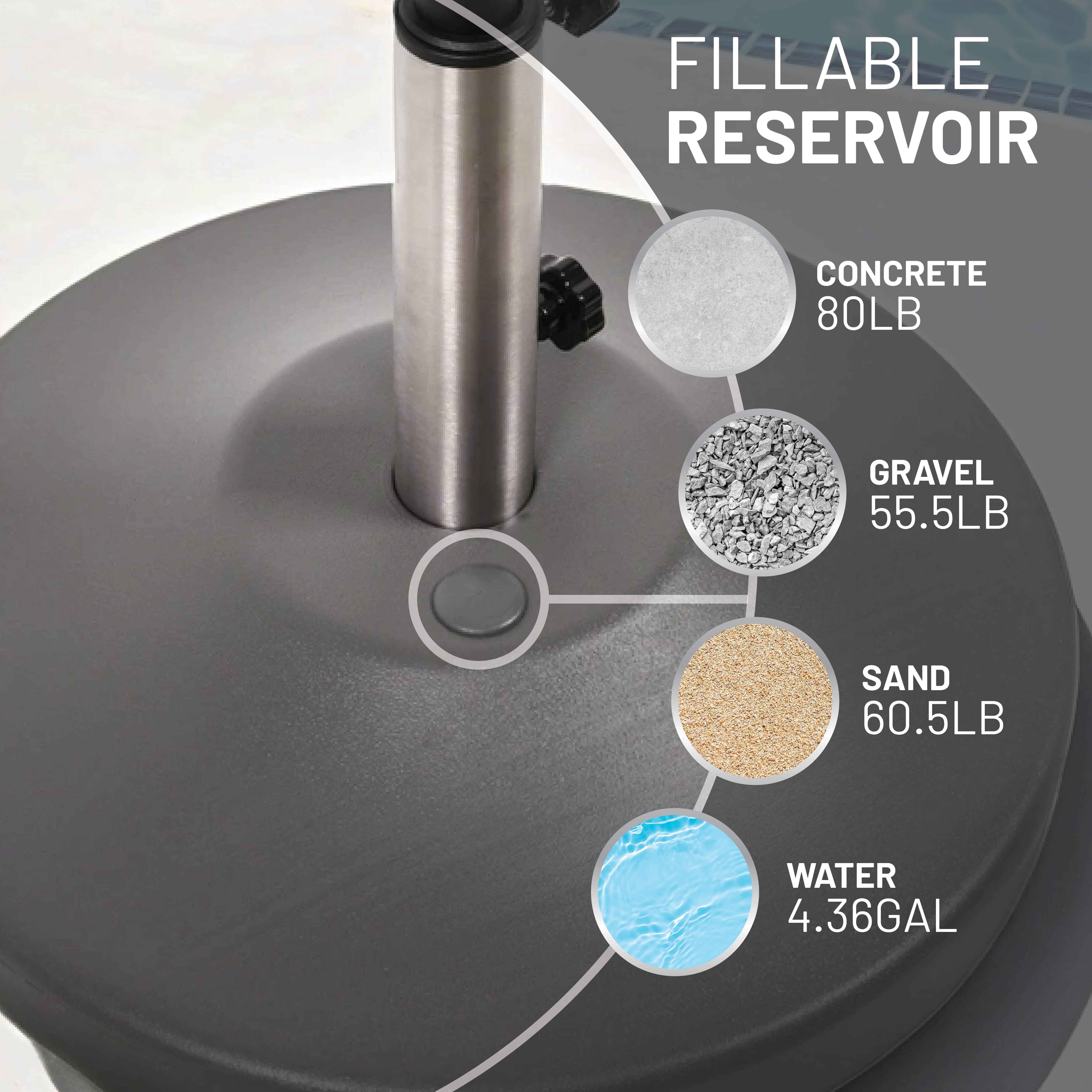 US Weight Free-Standing Fillable Umbrella Base - Rolling Base for Patio Umbrella Stand – Grey