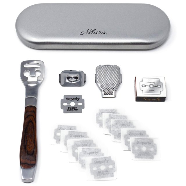 Allura Foot Care Pedicure Callus Shaver Cutter Rasp File Removedor de maíz de piel dura Mango de madera 10 cuchillas (estuche incluido)