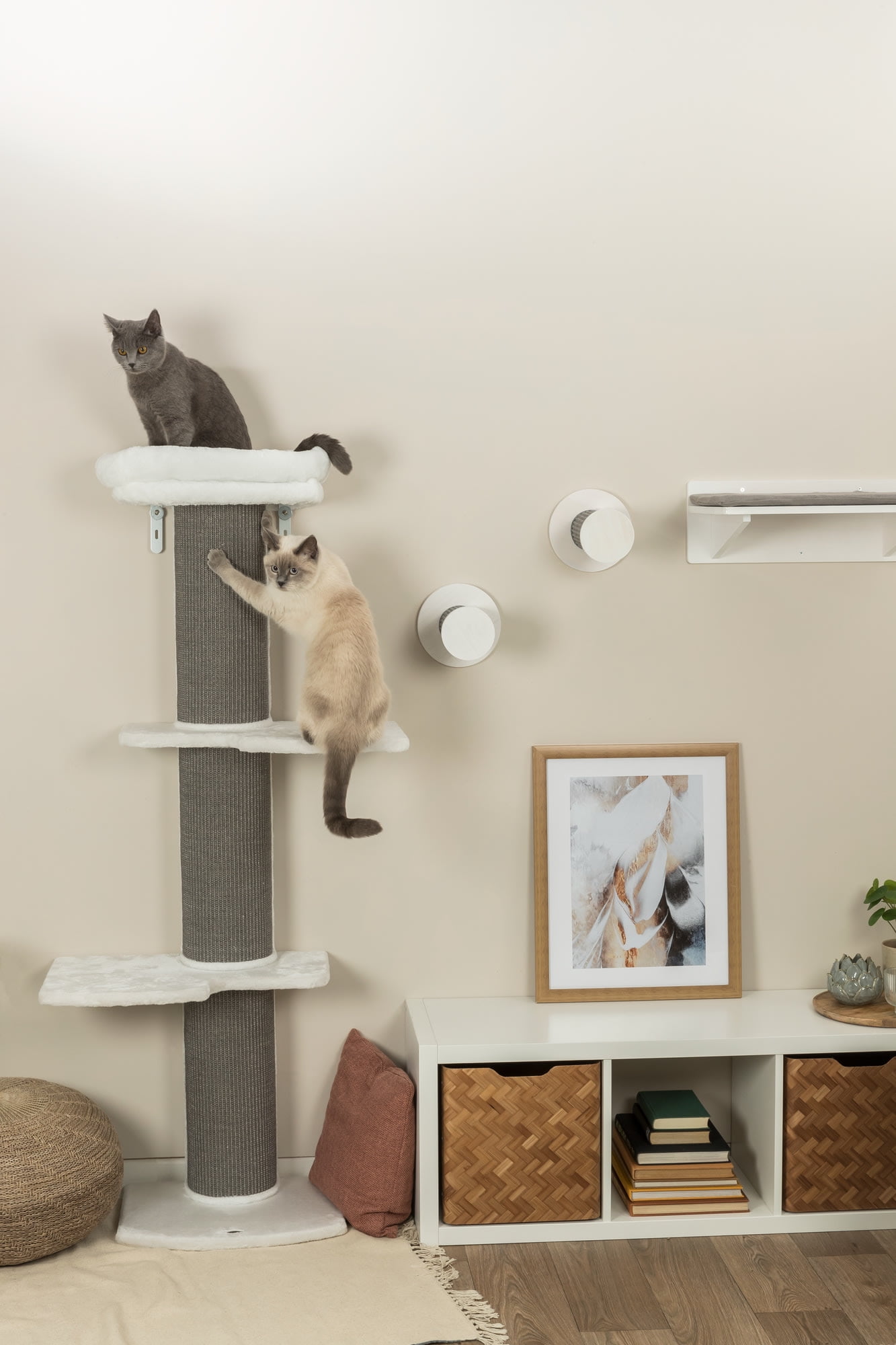 TRIXIE Acadia Plush & Sisal 3-Level 63" Cat Tree, Scratching Posts, Wall Brackets, Gray