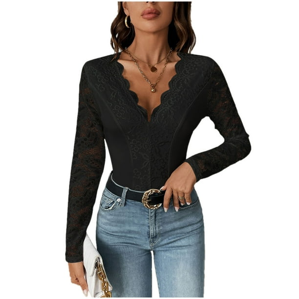 Mono de encaje con cuello en V y manga larga de color liso a la moda para mujer, top de poliéster para mujer