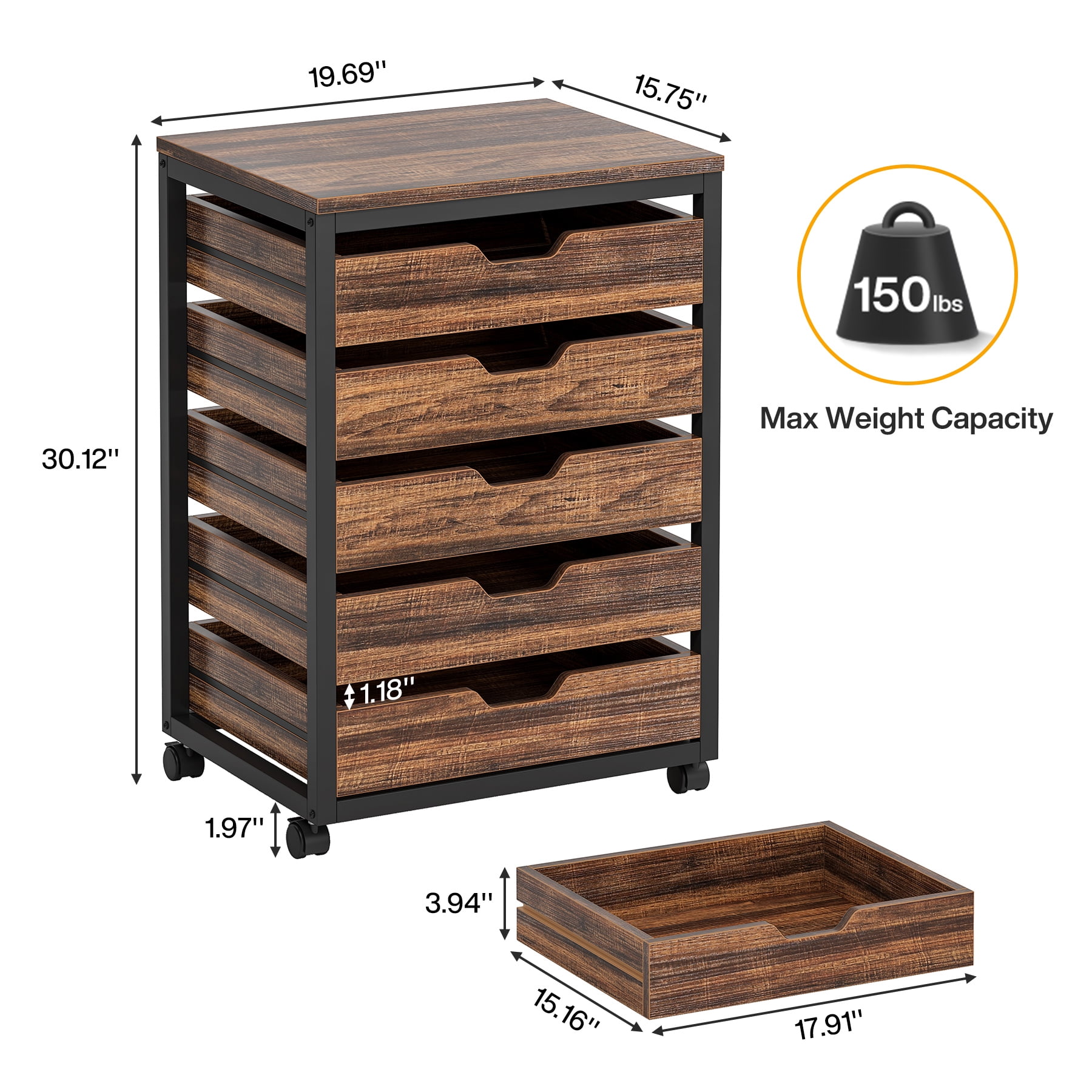 Tribesigns Industrial 5-Drawer File Cabinet, Wooden Mobile Lateral Filing Cabinet with Storage Drawers and Wheels for Home Office, Rustic Walnut