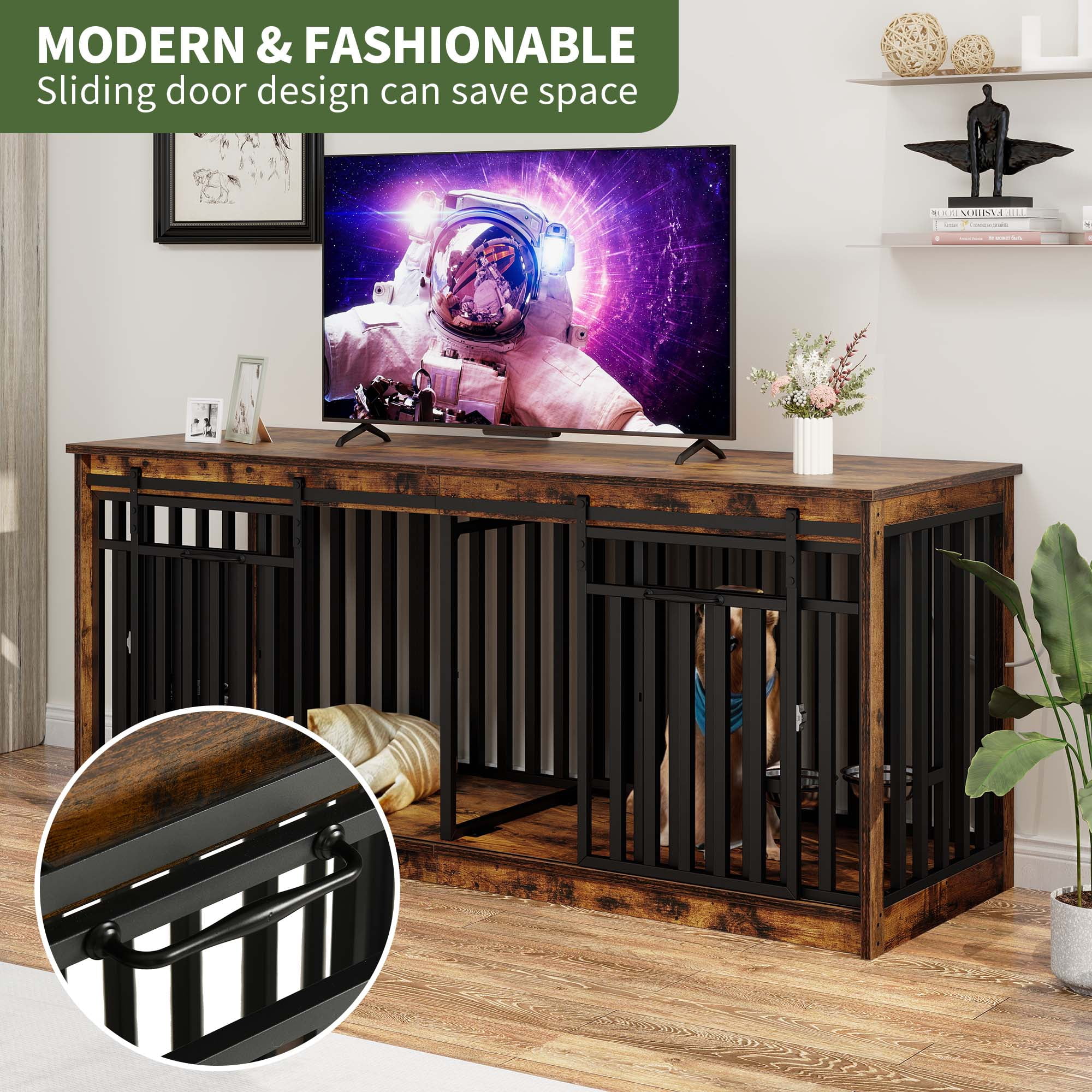 Uforic 71-Inch Heavy Duty Dog Crate Furniture with 4 Dog Bowl,Double Dog Kennel Furniture for Dog Cage Table - Rustic Brown