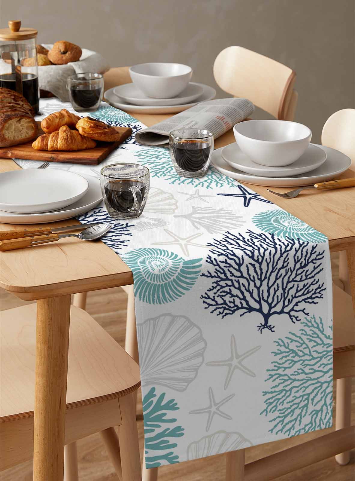 Coastal Table Runner Turquoise Blue Coral Starfish Shell Seahorse Tablerunners 14 x 72 Inch, Table Decorations Tabletop Scarf for Summer Gathering Holiday Farmhouse Kitchen Dining Decor