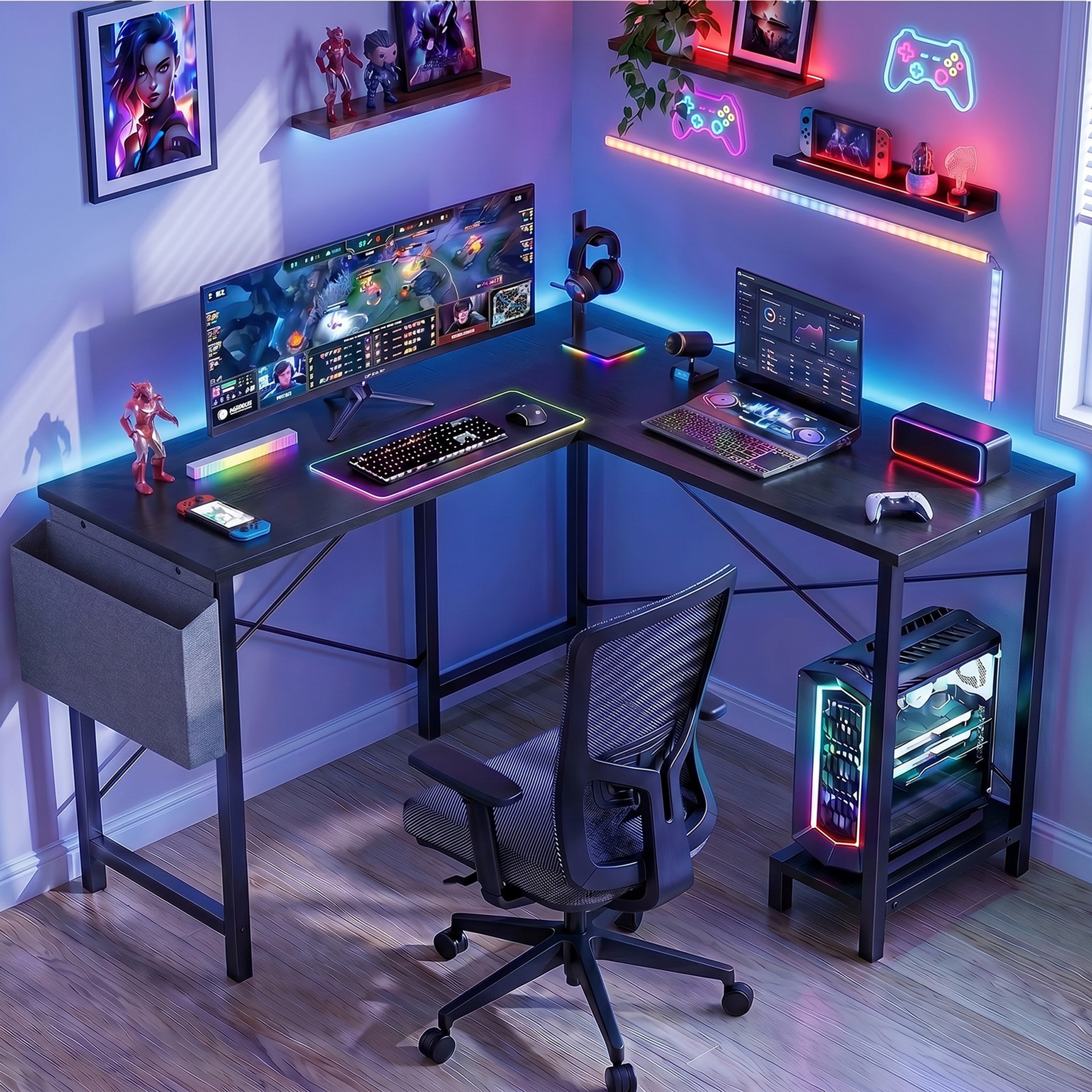 CONCETTA 49" L-Shaped Computer Desk with Storage Shelf and Bag photo 1