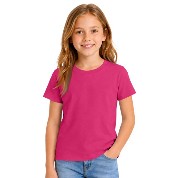 Girls Short Sleeve T Shirt Kids Crew Neck Basic Tee Regular Fit School Summer Layering Play Casual Top