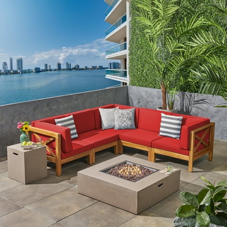 Elisha Outdoor 7 Piece Acacia Wood Sectional Sofa Set with Cushions and Fire Pit, Teak, Red, Light Gray