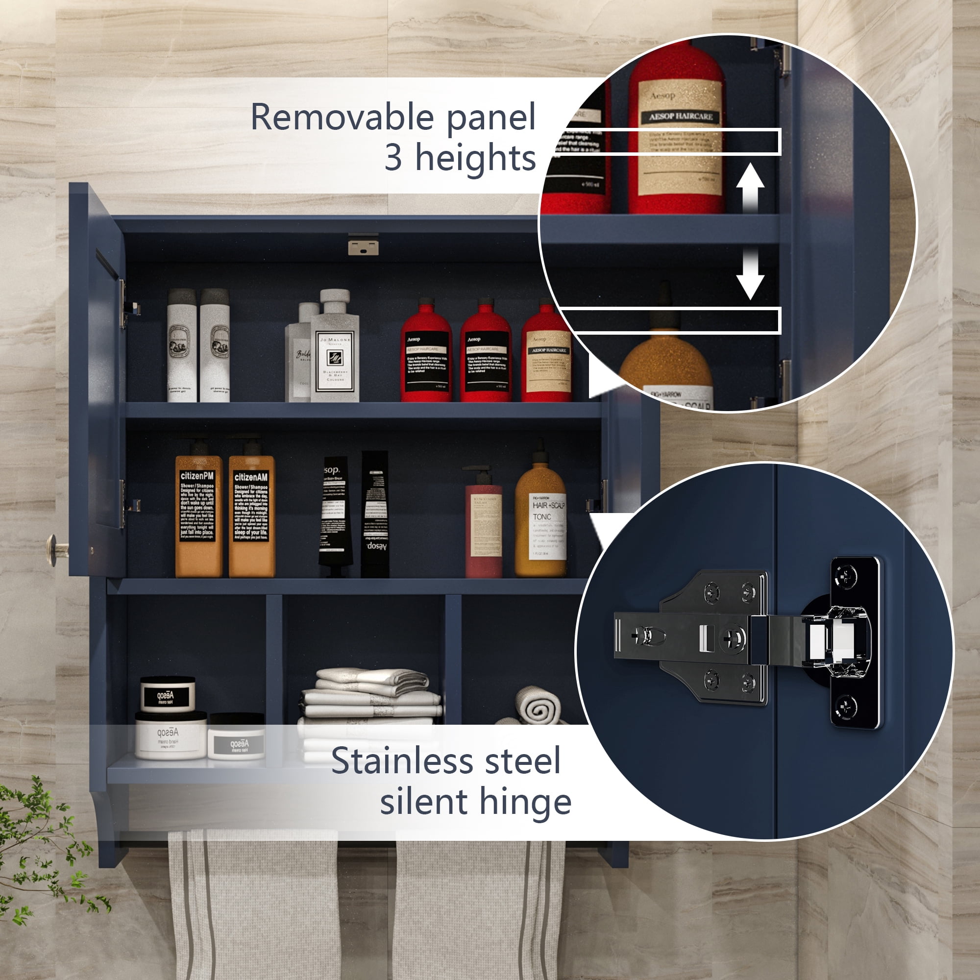KZElegy Bathroom Medicine Cabinet Wall Mounted 2-Door with 3 Open Shelves, Over The Toilet Storage Cabinet with Towels Bar for Toilet,Blue
