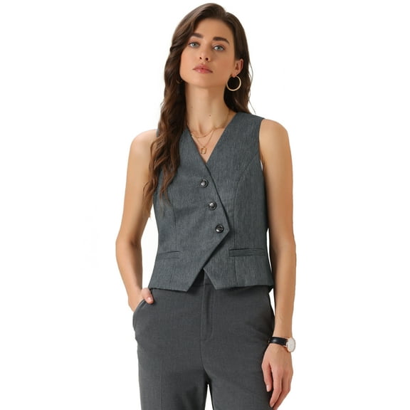 DARING DIVA Women's V-Neck Button-Down Work Blazer Vest Waistcoat XS Gray