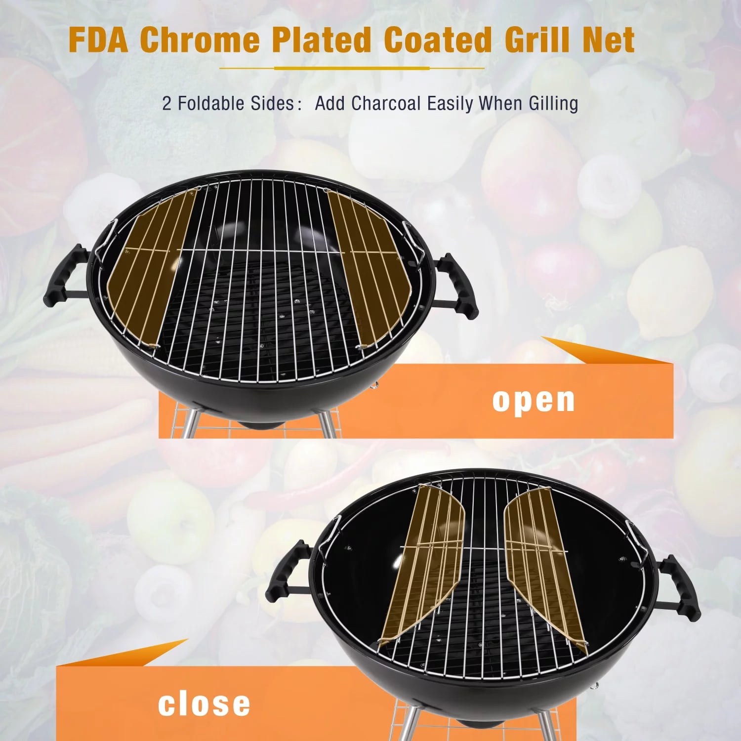 PHI VILLA 22" Portable Kettle Charcoal BBQ Grill, Black
