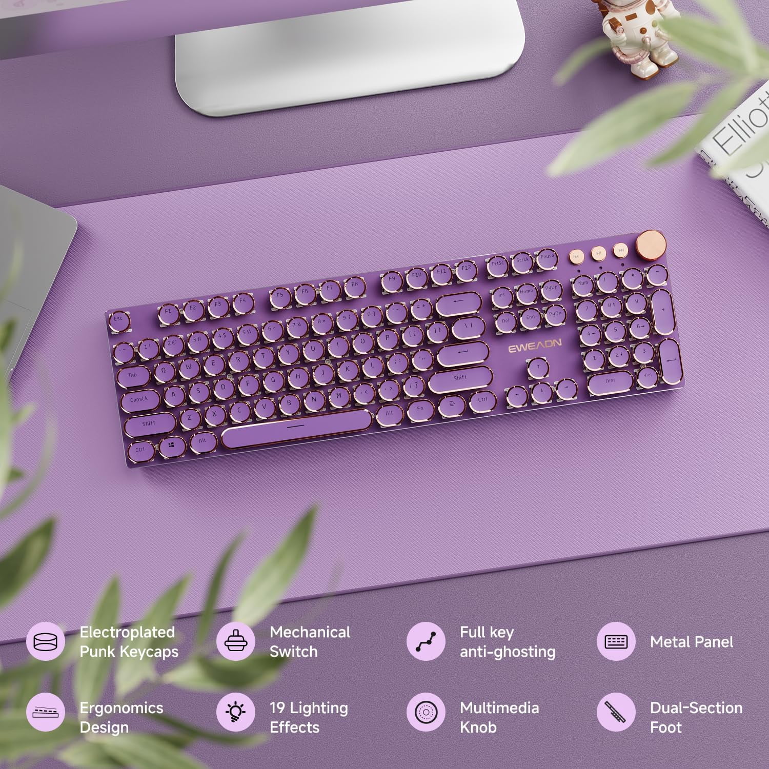 Typewriter Style Mechanical Gaming Keyboard, Wired Mechanical Keyboards,104 Keys Backlit LED Keyboards, Media Control Knob, Wired Computer Keyboard Pink Switch for Windows/Mac/PC-Purple