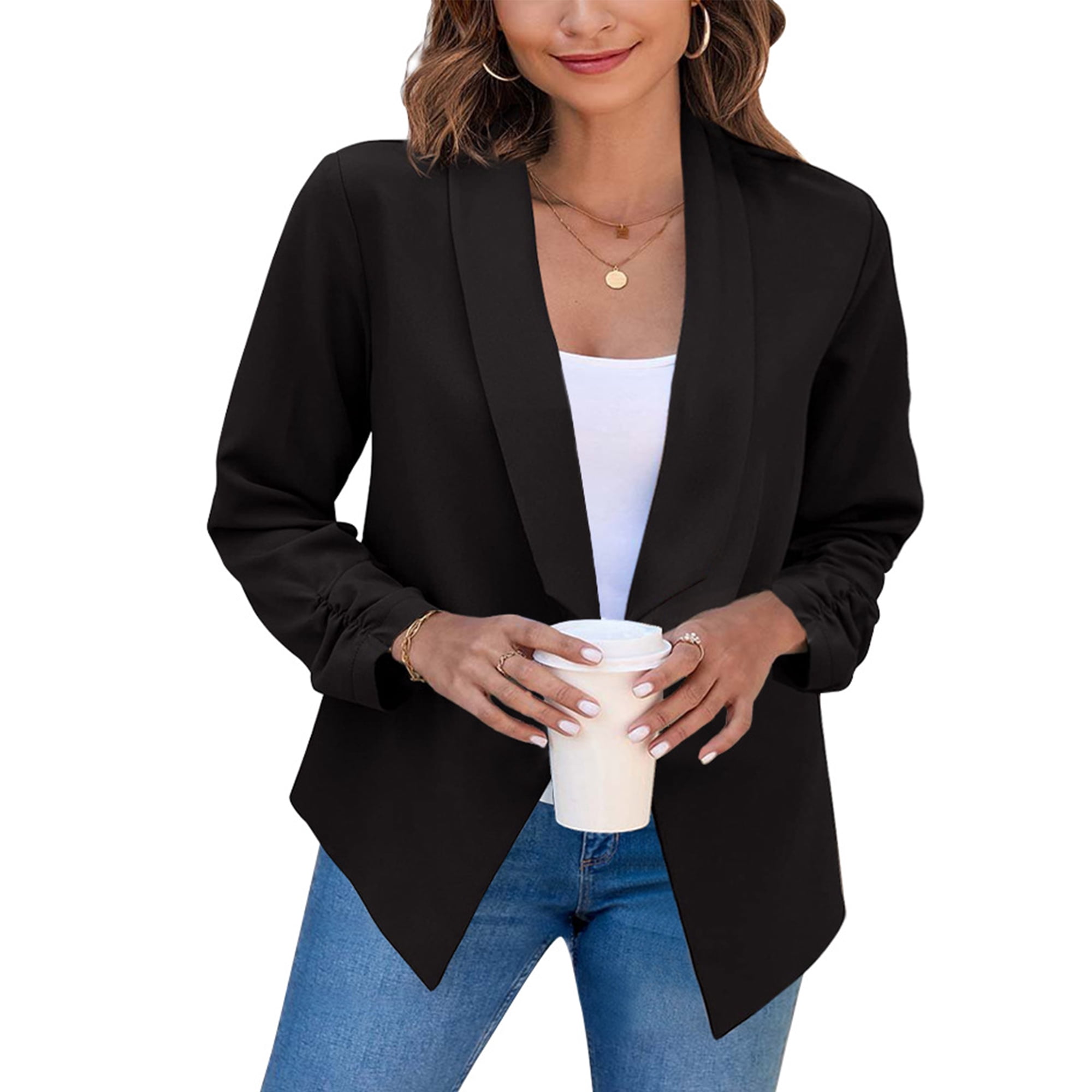 LUXUR Women Blazers Long Sleeve Lapel Blazer Plain Jacket Coat Slim Fit Suit Solid Color Outwear Black XL Walmart