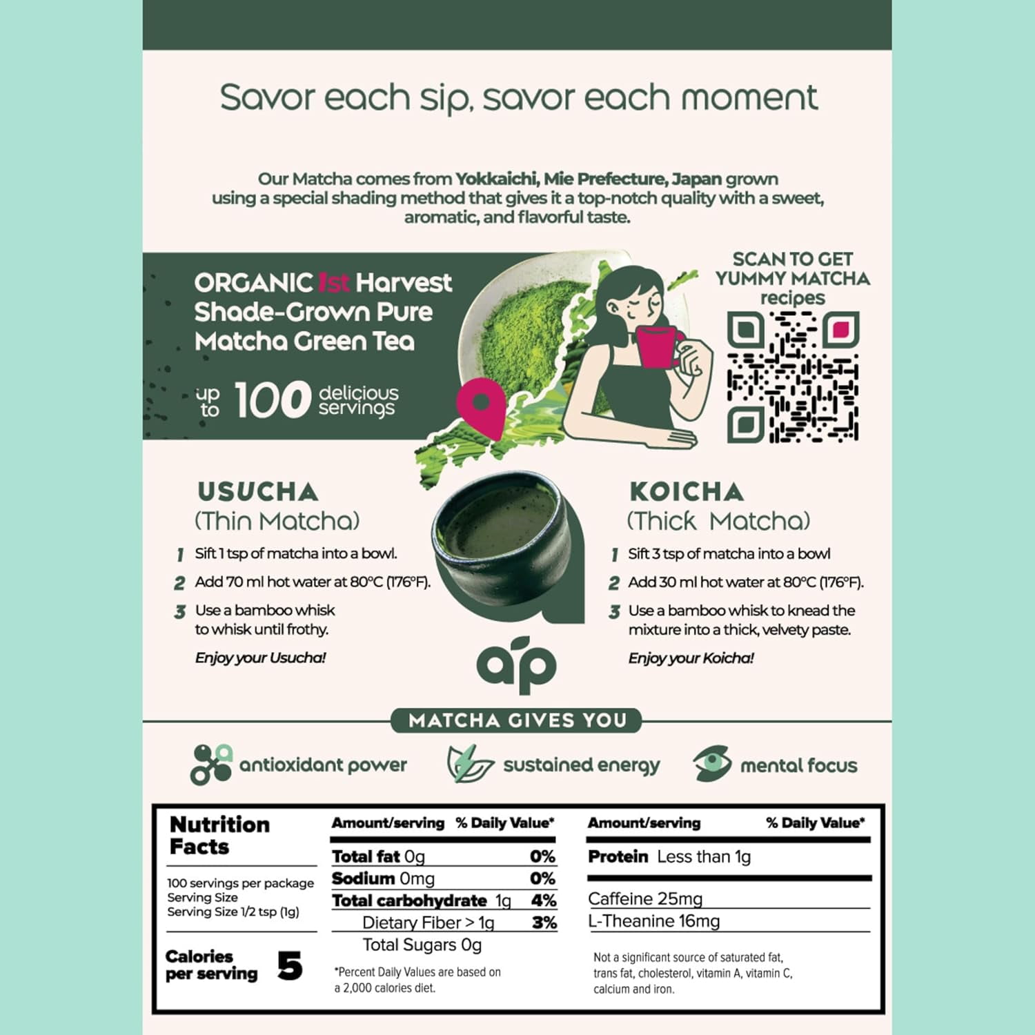 Aprika Life Japanese Ceremonial Matcha Green Tea Powder - USDA & JAS Organic - Premium, First Harvest from Japan - 100g / 3.5 oz