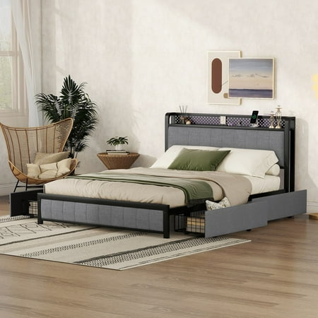 Image of Queen Bed Frame LED Bed Frame Queen Size with LED Headboard and 4 Storage Drawers Upholstered Platform Bed with USB Port Sockets Heavy Duty Wooden Slats Platform Bed