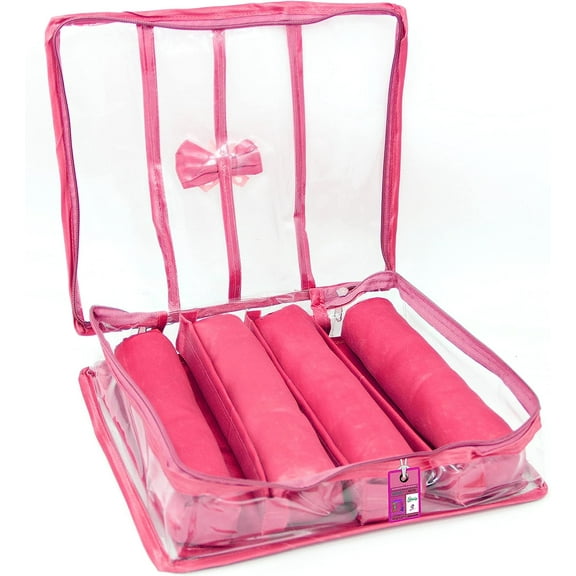 atorakushon Satin Fabric 4 Rod Bangle Box Wardrobe Organizer Jewelery bracelet Wrist Chain Pouch Storage Bag for Women Girls Bride Makeup Travel Wedding Set Pink