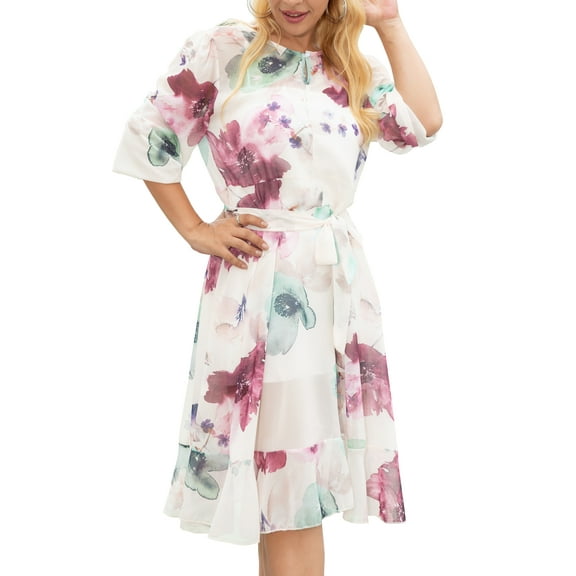 Curve Muse Women's Asymmetrical Cutout Long Sleeve Chiffon Midi Dress-Purple Flower-S