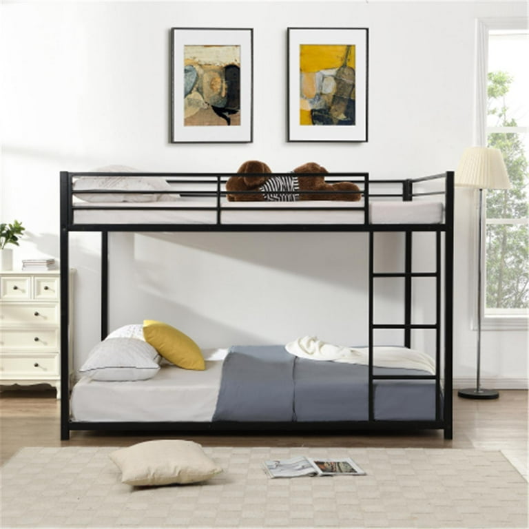 Full over Full Metal Bunk Bed Frame with Guardrail and Ladder Black
