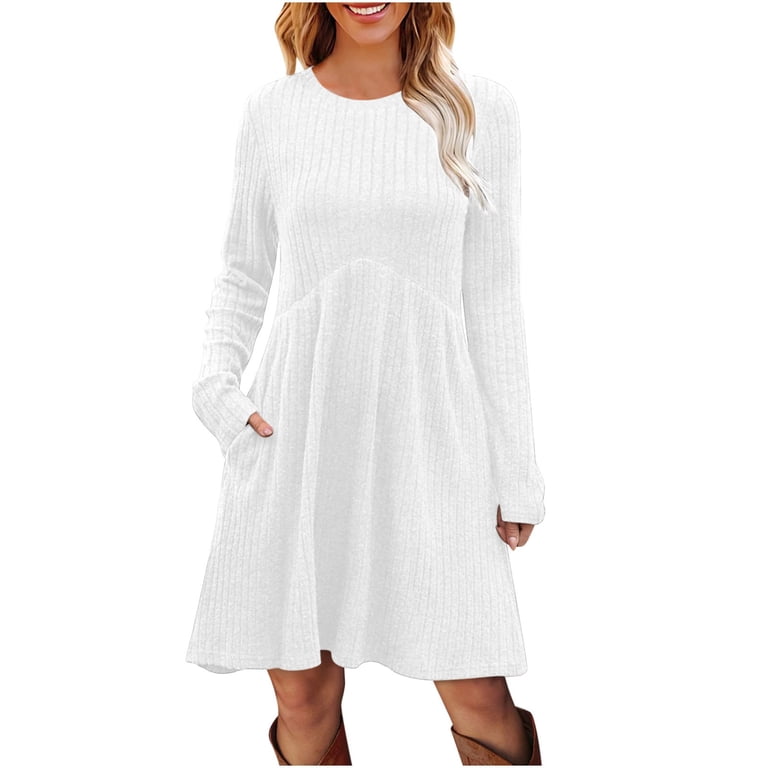 white a line sweater dress PRETTYGARDEN Women's Long Sleeve Midi Sweater Dress Fall Crewneck Knit