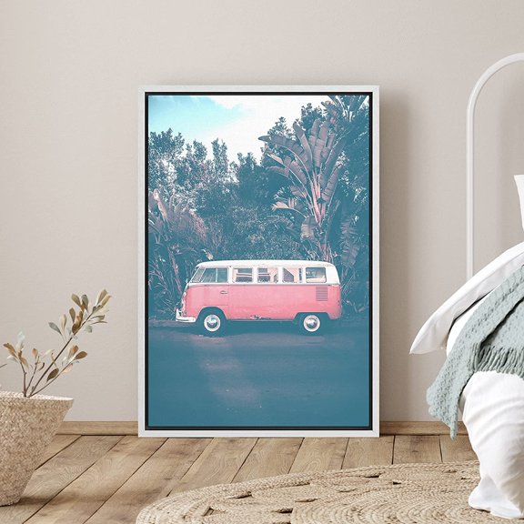 PixonSign Framed Canvas Print Wall Art Neon Pink and White Minivan at Beach Coastal Ocean Photography Realism Bohemian Scenic Colorful Multicolor for Living Room, Bedroom, Office - 16"x24" White