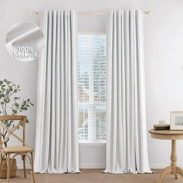 100% Blackout Curtains 90 inches Long Linen Curtains & Drapes for Bedroom Back Tab Living Room Darkening Full Black Out Window Curtain Panels Rod Pocket, White, 2 Panels Set