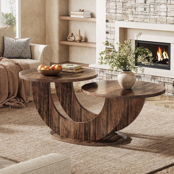 Finmind 46" Round Coffee Table, Modern Center Table with U-Shaped Frame for Living Room, Rustic Brown