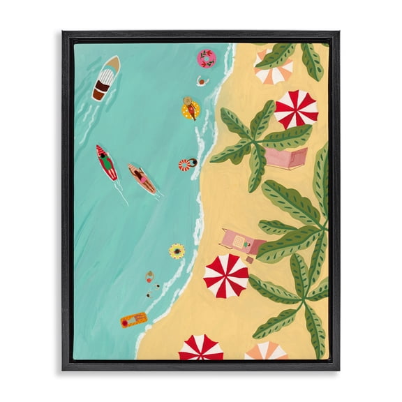 Busy Beach Day Hangout Black Framed Floater Canvas Wall Art, design by Nabeela Rumi